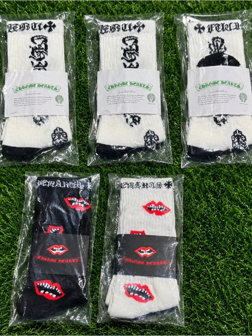 Chrome Hearts Men’s Crew Socks — White & Black with Red Lip Motif